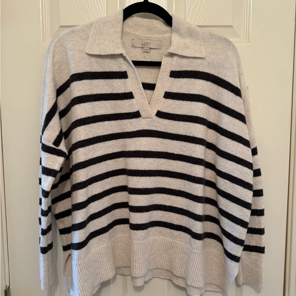 LOFT Women's Striped Sweater - Grey and Cream
